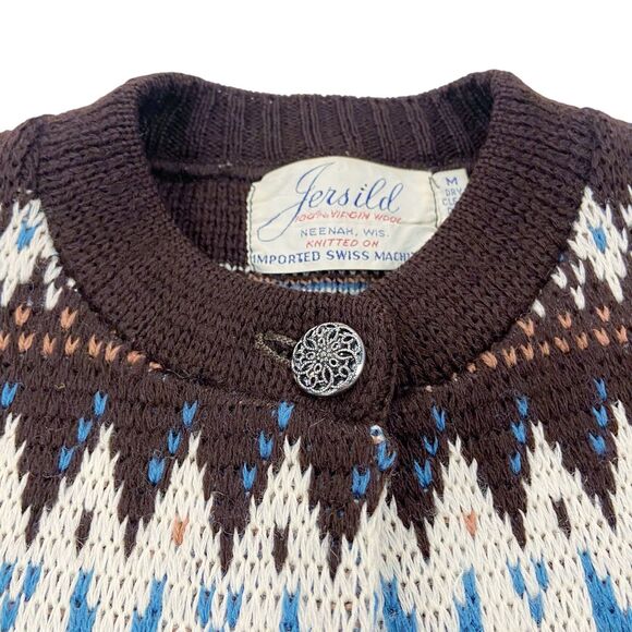 Vintage Jersild 100% Virgin Wool Sweater Cardigan Nordic/Fair Isle Print Medium - Picture 5 of 12